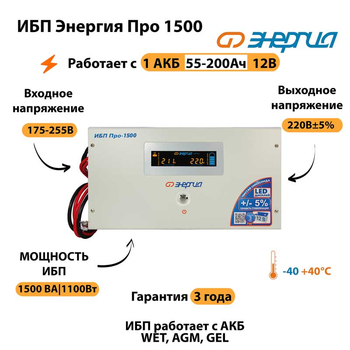 Энергия ИБП Про 1500 12В - ИБП и АКБ - ИБП для котлов - omvolt.ru